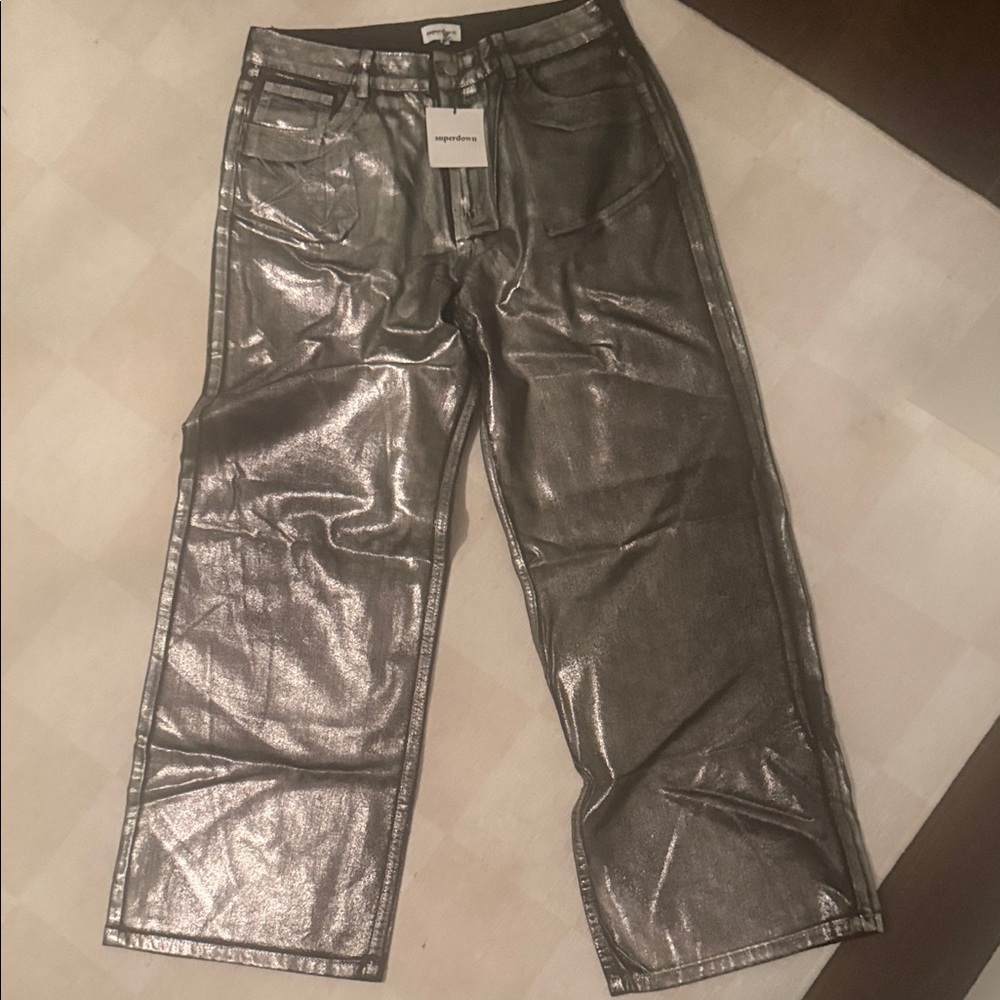 superdown Shimmering Silver Wide Leg Pants